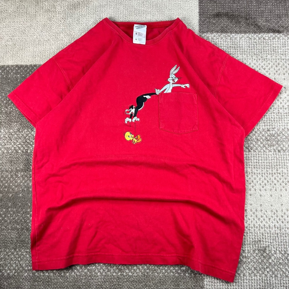 Vintage Warner Bros Studio Store Looney Tunes Bugs Tweety Pocket T-Shirt Red M